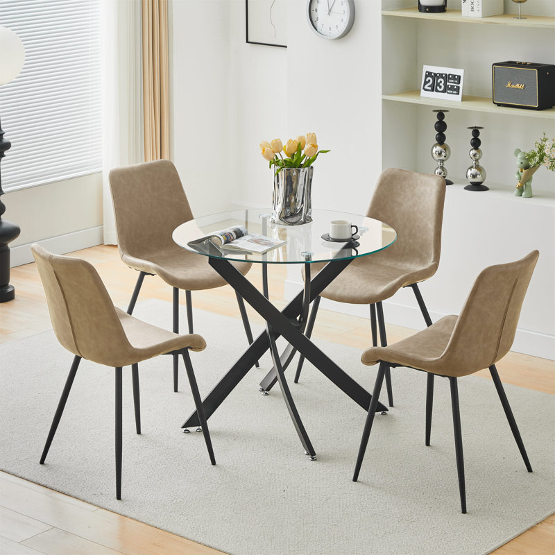 Bhevin Round Glass Top Metal Base Dining Table, Black
