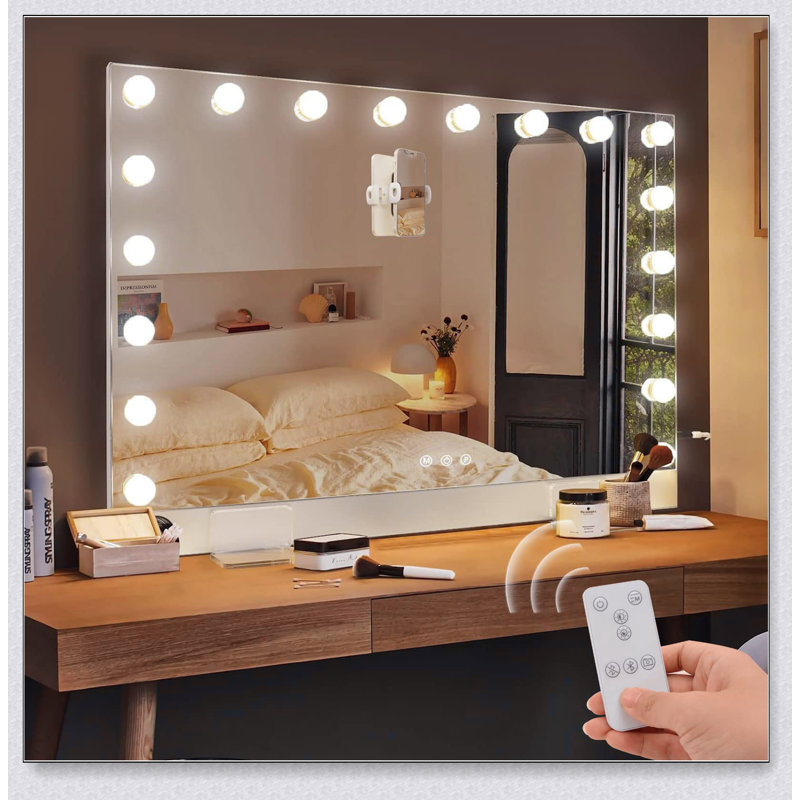 Miroir de salle de bain 31,5 x 22,8 pouces avec 18 ampoules DEL, cadre ultra-mince et support de téléphone magnétique pour maquillage et fixation murale