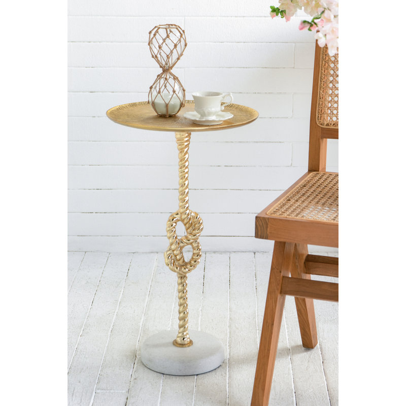 Table d'appoint dorée D14X24 avec nœuds en corde et base en marbre blanc