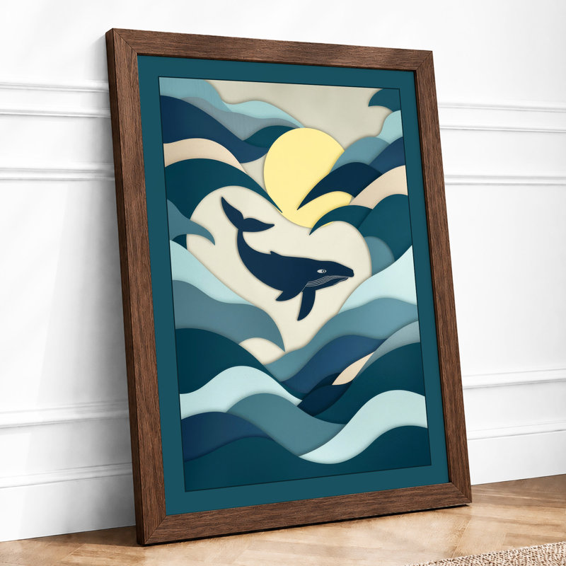 Whale in Motion Coastal - Framed Print, A3 - 42.0 x 29.7 cm, Walnut