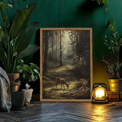 Forest Deer Canvas Wall Art - Natural Tones - Rustic Woodland Landscape, Framed 12X16 Inch, Cottagecore Home Decor For Living Room, Bedroom, Office