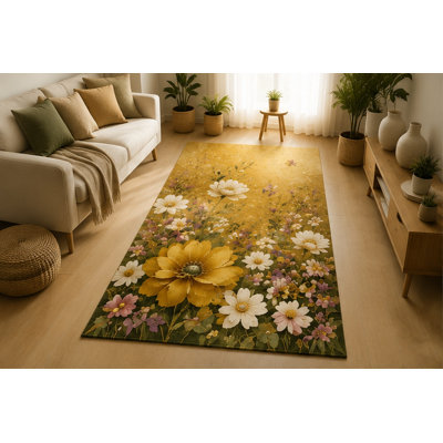 Tapis à motif de fleurs sauvages de style marguerite de 5 pi x 7 pi «Ultra Léger», tapis d'intérieur doux à poils courts avec envers antidérapant en silicone, tapis décoratif pour chambre à coucher, salle à manger, salle familiale, jaune, blanc et vert