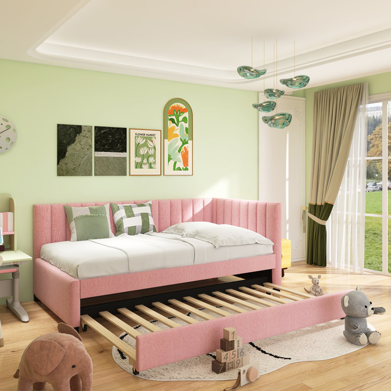 Upholstered Daybed With Trundle Sofa Bed Frame, Twin, Pink