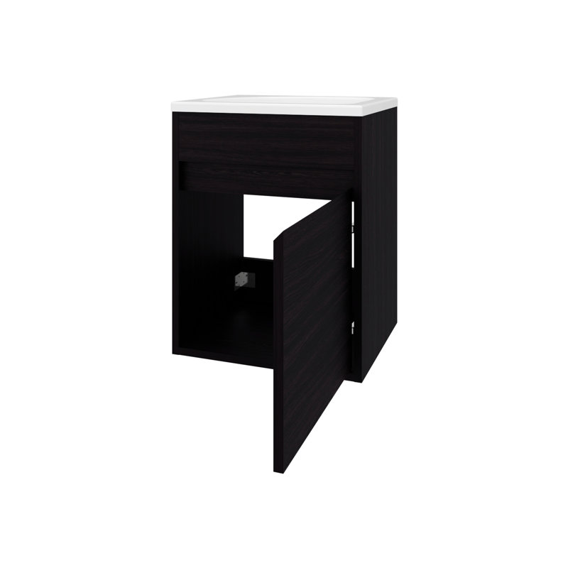 Meuble-lavabo de salle de bain flottant contemporain avec finition, fixation murale, porte simple, lavabo intégré, peu encombrant, forme rectangulaire et évier à panneau fini
