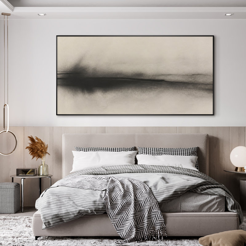 Très grande reproduction d'art sur toile - Abstrait horizon noir et beige doux pour le salon ou la chambre à coucher - «Assemblage requis du cadre (cadre non fini)»