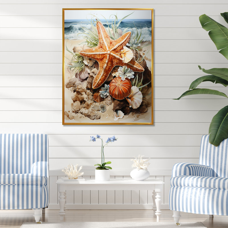 «Orange Starfish Sands II» - art mural bord de mer tropical, Cadre flottant doré, H 32 po x l 24 po x P 1 po