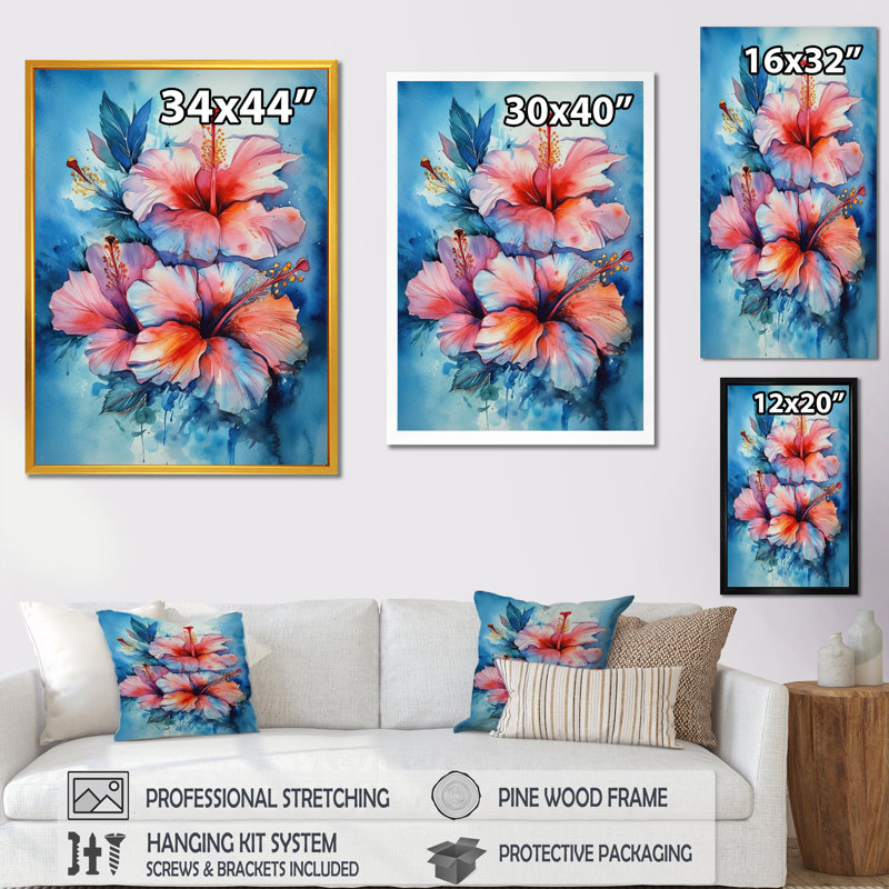 Orange / bleu / hibiscus euphorie - imprimé, H 32 po x l 24 po x P 1 po, Cadre flottant noir