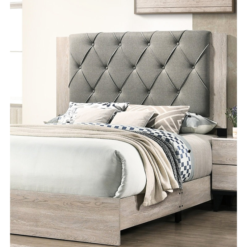 Contemporary Bedroom Queen Bed, Cream Finish, Headboard In Gray, Robust Rubberwood Modern Color With Gray, Cream/Gray