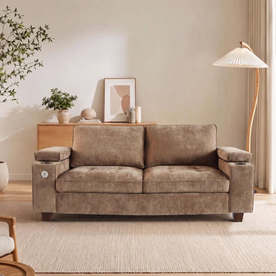 73" Modern Upholstered Velvet Sofa with Hidden Storage, Adjustable Armrests, Cup Holders & USB/Type-C Charging, Living Room Couch, Brown