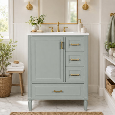24" Single Bathroom Vanity, Compact Storage Cabinet, Ceramic Sink Top, Gold Hardware, Vintage Style, Bathroom