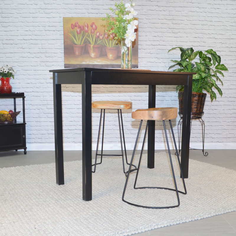 Tavern Pub Bar With 2 Counter Stools, Antique Black/Natural Mango