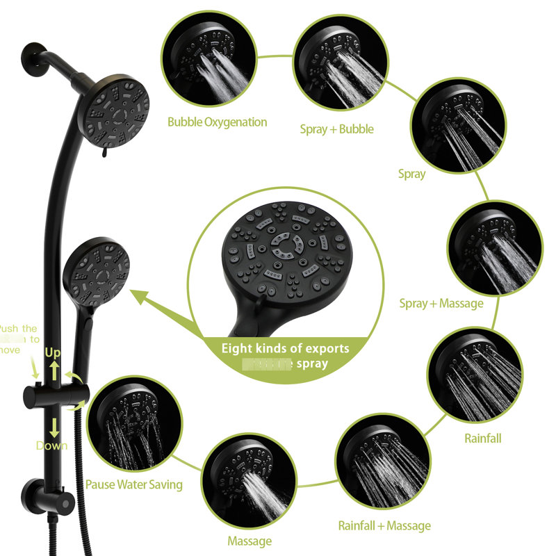 Shower System With 4.7" Showerhead & Handheld Shower, Matte Black, Adjustable Holder Pair Black Holder, 8 Hand Slide Bar