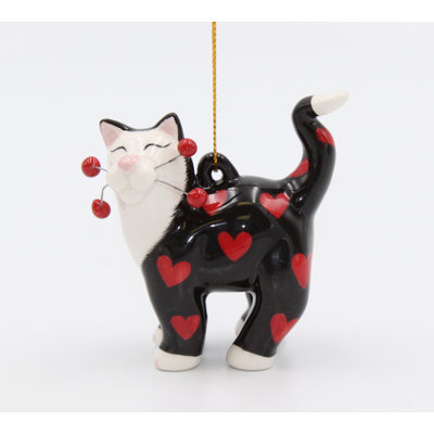 Ornement en forme de chat Whisker en noir avec cœur rouge
