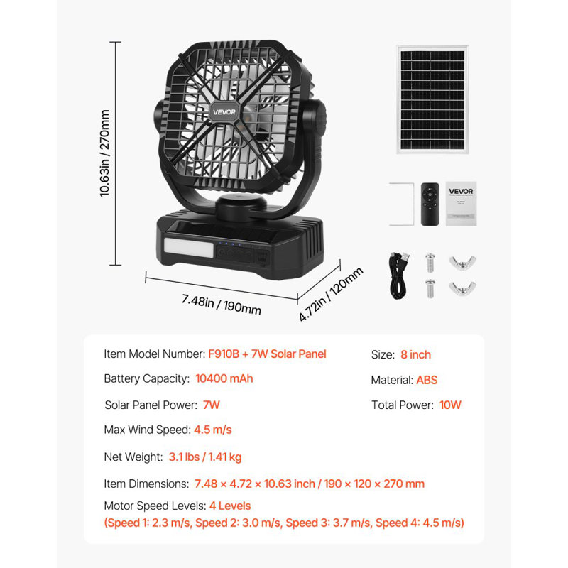 Ventilateur de camping 10400 mAh avec panneau solaire DEL lanterne 7W 8 pouces
