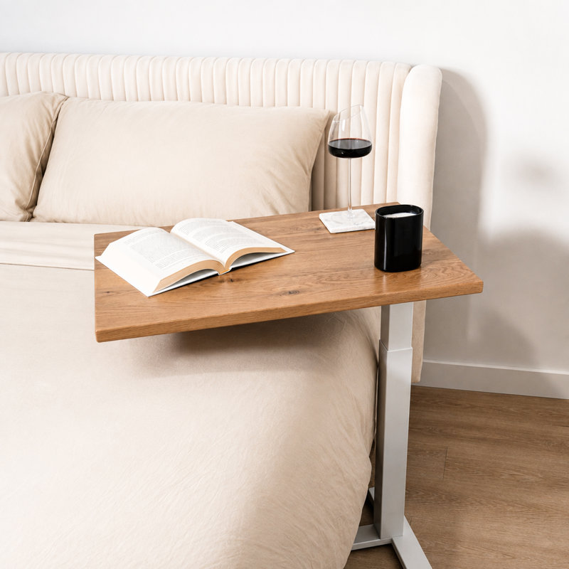 Bureau à roulettes pour ordinateur portable, réglable en hauteur, en chêne blanc massif de 70 cm (27,5 po), avec bord naturel.