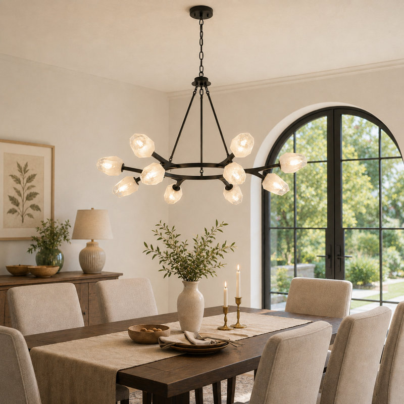 Lustre 12 lumières moderne avec abat-jour géométrique en verre
