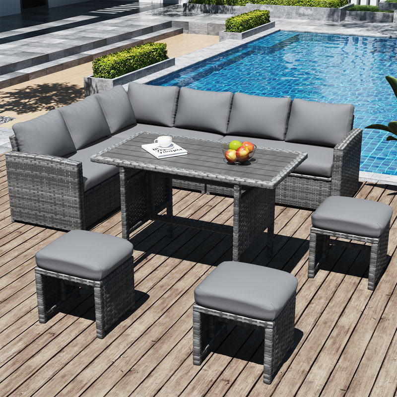 Hinesville 7 Piece Rattan Lounge Dining with Cushions, Gray Frame/Gray Cushion