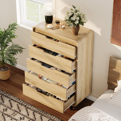 Commode 5 tiroirs pour chambre à coucher, grande commode à vêtements moderne en bois de 48 po de hauteur avec grand rangement en bois