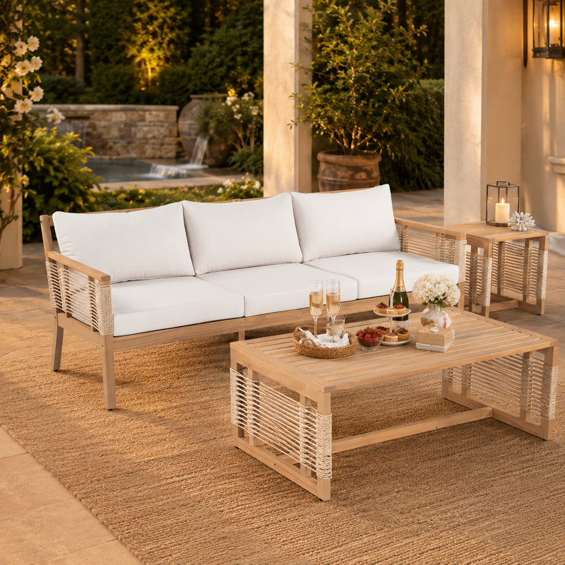 Ensemble de conversation de patio en teck avec canapé 3 places, coussins, table et table d'appoint