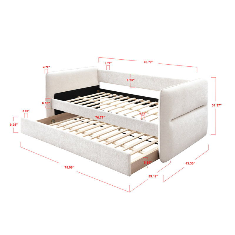 Lit de jour chic avec lit gigogne escamotable, motif à boutons, finition avoine, bois massif pour fonctionnalité moderne, ton, surface