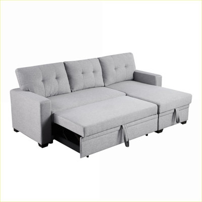 Sectional Sofa | Pull Out Twin Sleeper with Storage Chaise | For Overnight Guests Small Spaces | Light Gray | Linen