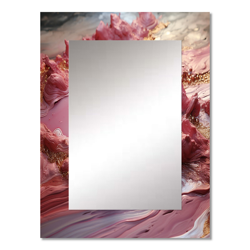 Pink Liquid Gold Harmony - Abstract Shapes Unique Wall Mirror Decor, Gold Large Mirror, Printed Metal Art, 32" x 24"