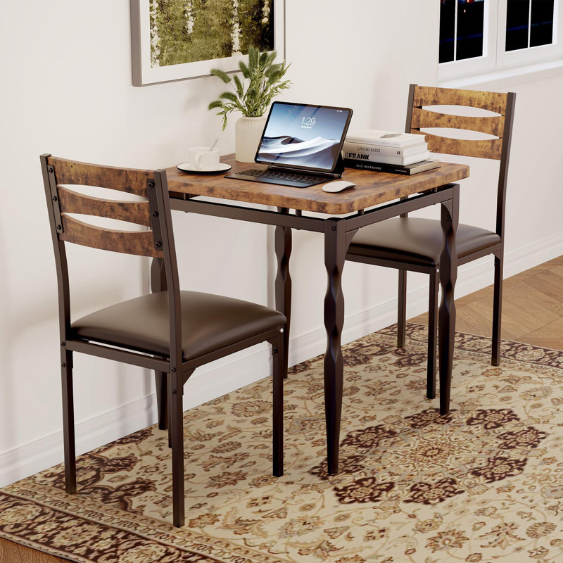 3-Piece Dining Table Set for 2 with Cushioned Chairs, Space-Saving Kitchen Set with Spiral Legs, Brown, Brown/Black