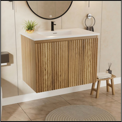 Armoire murale pliante en chêne doré de 30 pouces avec lavabo en céramique - Installation brevetée en 1 minute, peu encombrante et facile à assembler