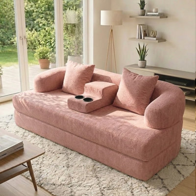 Canapé-lit convertible incurvé moderne de 178 cm avec console centrale amovible et porte-gobelets, canapé deux places en chenille résistant aux animaux, canapé de sol monobloc en mousse haute densité pour petit salon