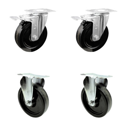5 Inch SS Phenolic Top Plate Caster Set 2 Lock Brake 2 Rigid Service Caster