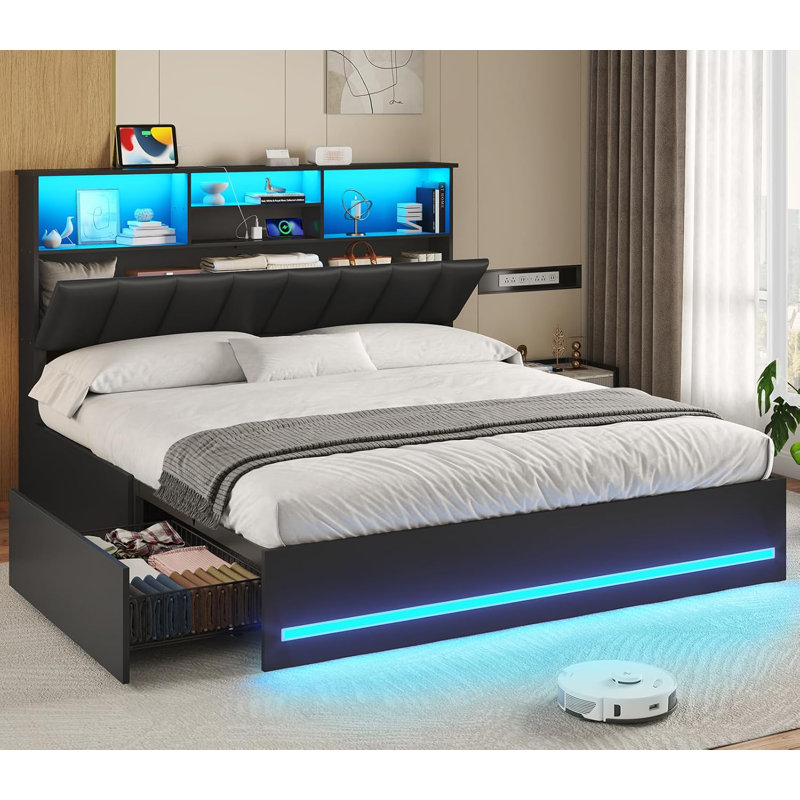 Queen Bed Frame with Bookcase Headboard, Wooden Bed Frame Queen Size with Charging Station, 4 Storage Drawers and LED Lights, with Type-C and USB, No Box Spring Needed, Black