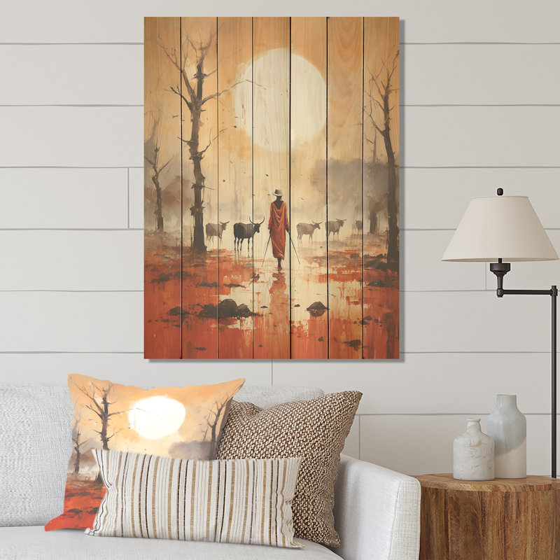African Dinka Bétail Camp III - Tribal africain sur bois, H 32 po x l 24 po