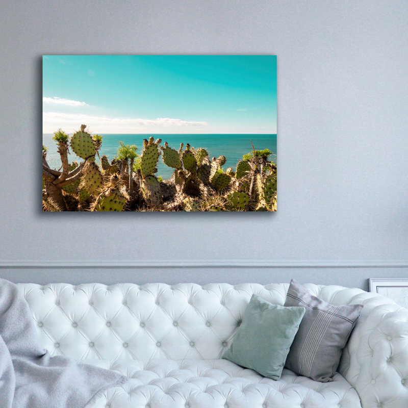 Toile épique «Cactus admirant l'océan» par Elena Chukhlebova, 60 po x 40 po, H 40 po x l 60 po