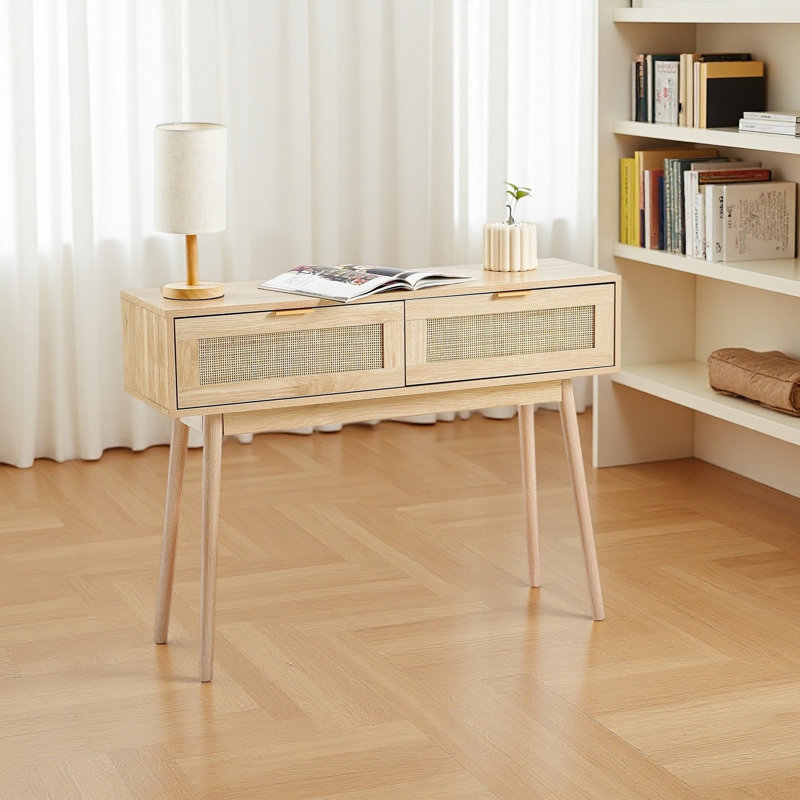 Console en rotin avec 2 tiroirs de rangement, table d'entrée en rotin avec porte coulissante en rotin, table console pour salon, bureau, entrée ou mur de télévision