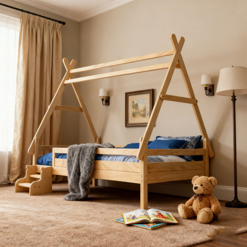 Lit plateforme House avec escalier, structure de lit en bois massif, profil bas et design amusant enfantin, Double, Naturel