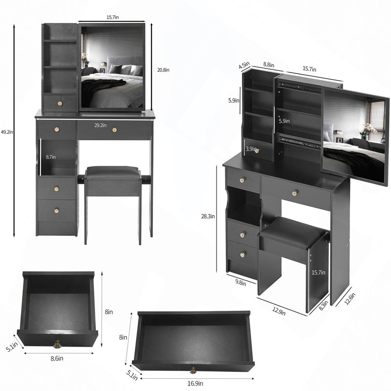 29.2" Left Drawer Desktop Vanity Table With Cushioned Stool, Right Sliding Mirror, Multi Layer High Capacity Storage, Practical Fashionable Dresser, Suitable For Small Space