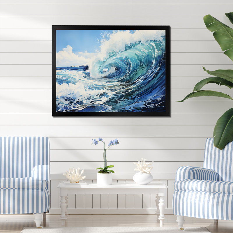 «Beach Surfs Up Pointillism II», reproduction d'art sur toile, H 24 po x l 32 po x P 1 po, Cadre photo noir