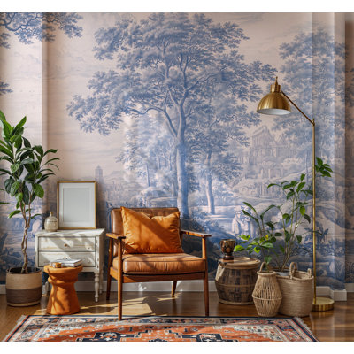 Blue and Cream Vintage Toile Landscape Wallpaper Mural With Forest and Village Scene