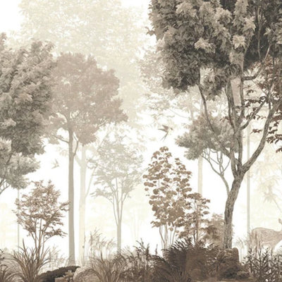 Beige Woodland Forest Mural Wallpaper With Deer – Scandinavian Nature Landscape Wall Art – Peel And Stick Or Non-Woven Option