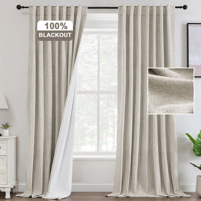 Premium Chenille Linen Textured 100% Blackout Curtains Thermal Insulated for Living Room Back Tab/Rod Pocket Bedroom Draperies 2 Panels