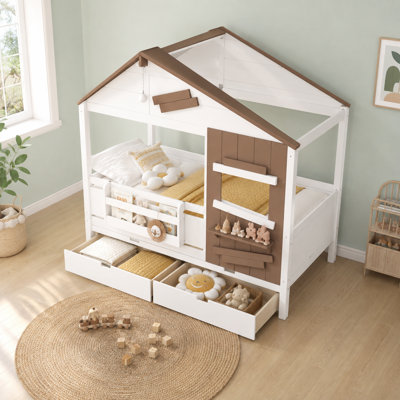 Lit plateforme cabane de ferme Hearthlune pour adultes avec lumière DEL, tablette de fenêtre, crochets latéraux et 2 tiroirs de rangement