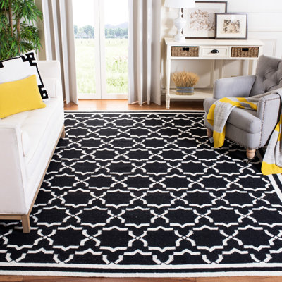 Rodgers Hand Woven Flat Weave Wool/Cotton Geometric Rug in Black/Ivory