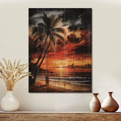 Palmiers au bord de la plage au coucher du soleil à Waikiki I - Art mural traditionnel en bois sur bois de pin naturel