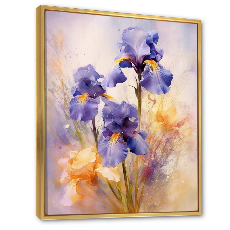 " Purple Yellow Iris Impressions ", 20" H x 12" W x 1.5" D, Gold Floater Framed