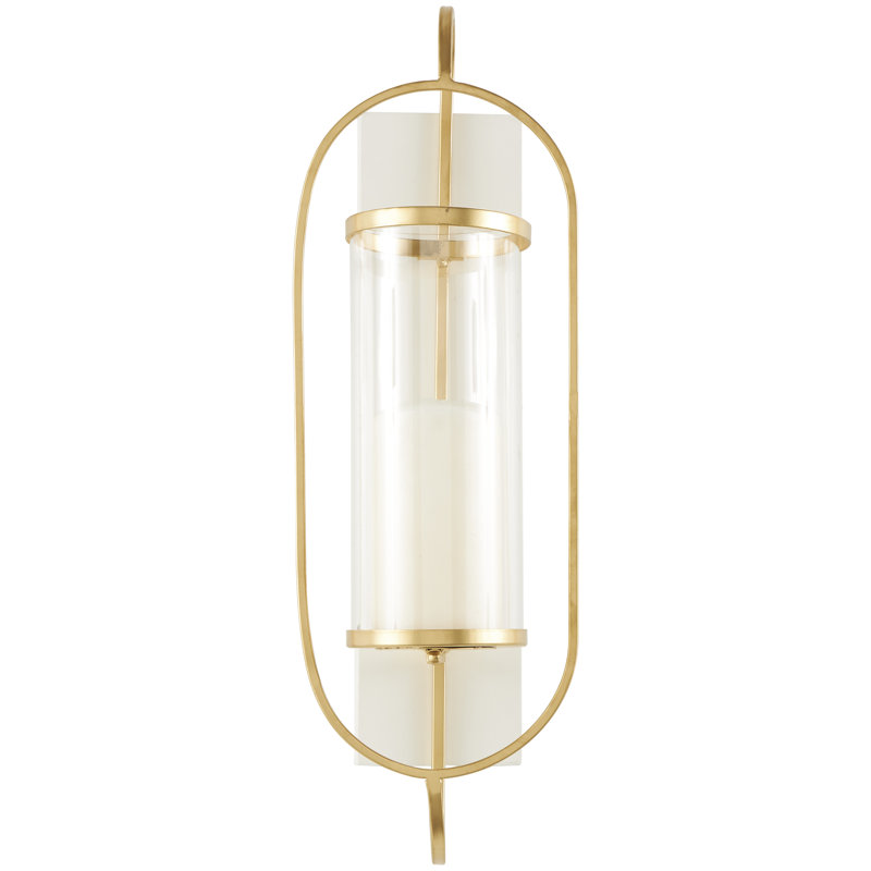 Prajit Metal Oval Indoor Outdoor Gold Wall Sconce with White Wood Backing
