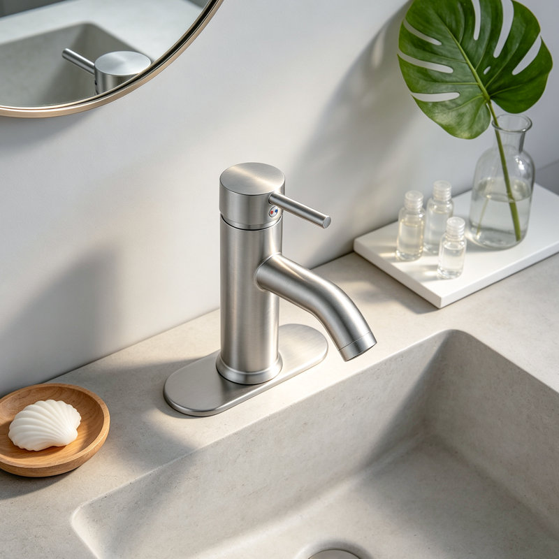 Robinet de lavabo pour salle de bain à poignée simple en laiton massif sans plomb, Oui, Nickel brossé