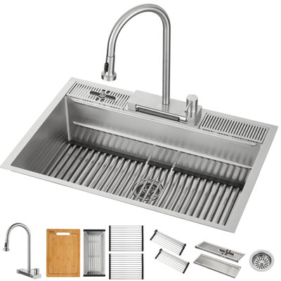 Évier de poste de travail encastré / encastré 33 po avec robinet à cascade et rinçeur en verre FORNO ACQUA