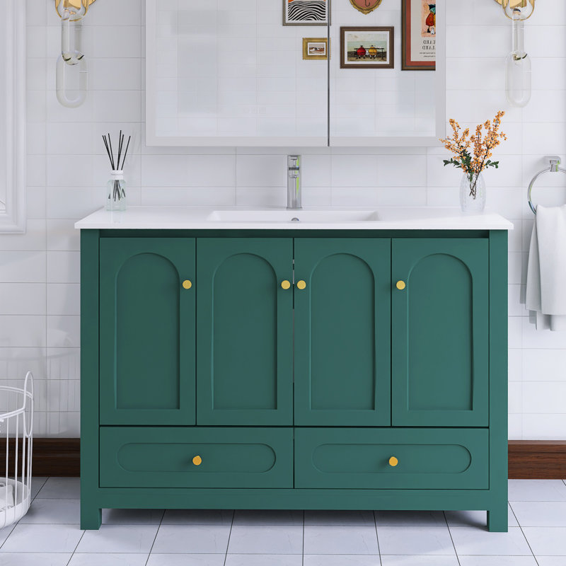 48" Freestanding Single Bathroom Vanity With White Ceramic Integrated Top, Green