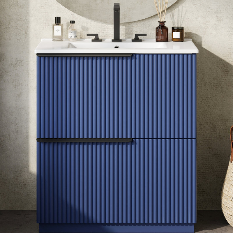 Meuble-lavabo de 30 po avec finition bleue, deux tiroirs, mécanisme de fermeture en douceur et lavabo de séparation en céramique