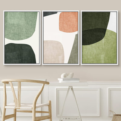 Mid-Century en forme de Tripyth vert, ovales multicolores abstraits, Mid-Century moderne, impression sur toile encadrée, 3 pièces, décoration murale